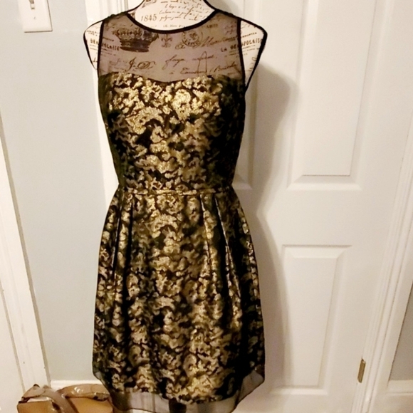 Donna Ricco Black Gold Sleeveless Dress A Line Empire Metallic Women's Size 8 - Picture 1 of 12